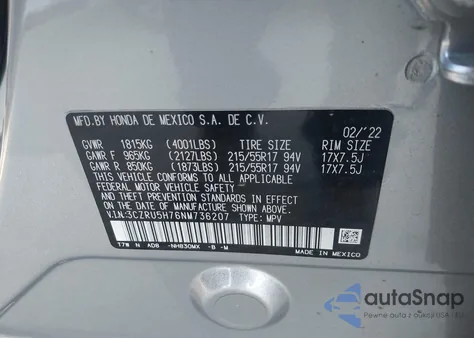 2022 Honda Hr-V 2Wd Ex-L из США, поврежденный, VIN 3CZRU5H76NM736207